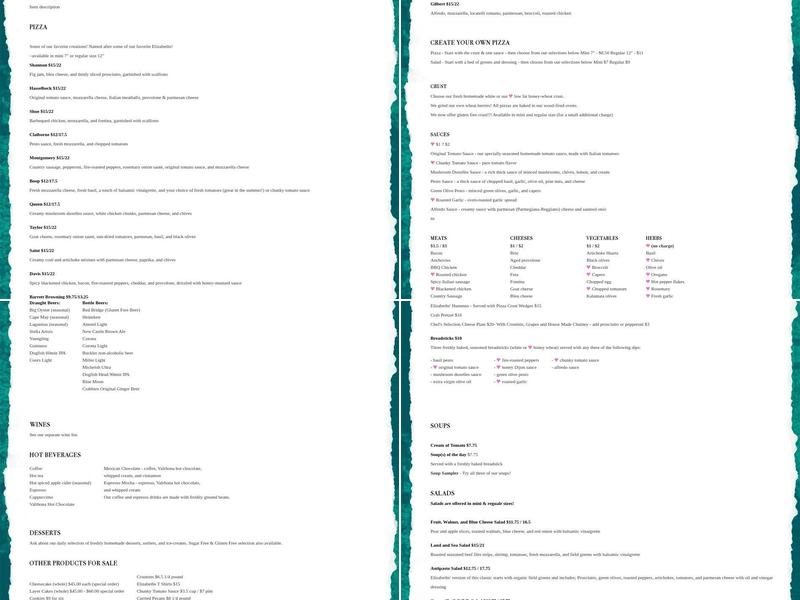 Pizza by Elizabeths Menu