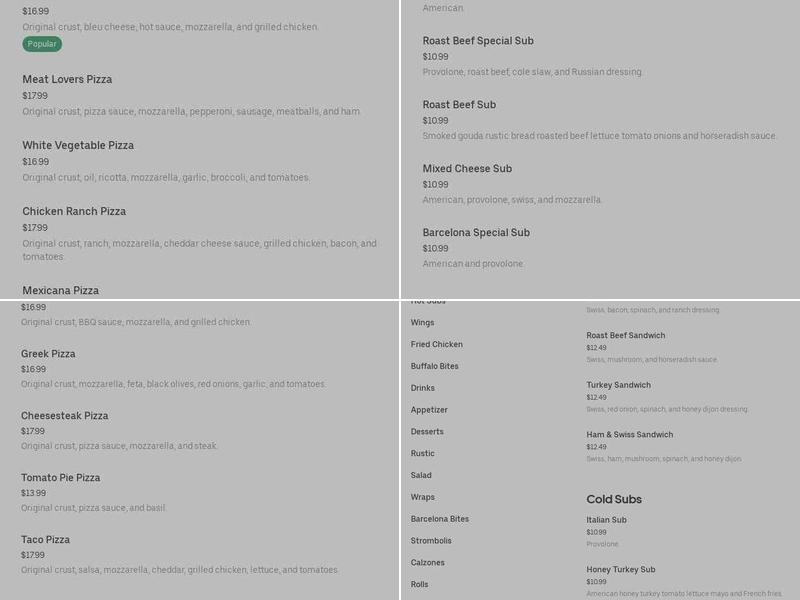 Barcelona Pizza Prices Corner Menu