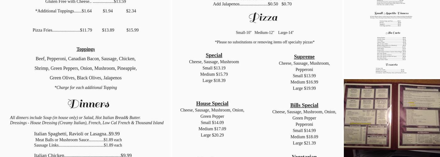 Bill's Pizza Shop Menu