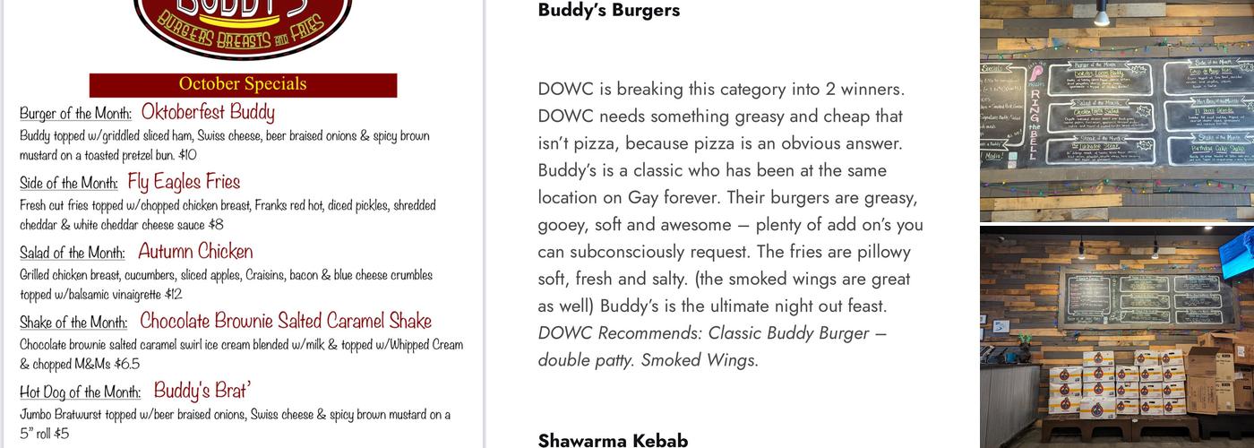 Buddy's Burgers, Breasts & Fries Menu
