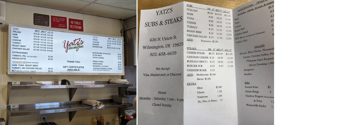 Yatz’s Subs & Steaks Menu