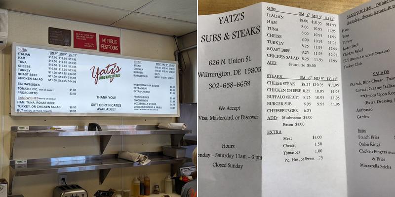 Yatz’s Subs & Steaks Menu