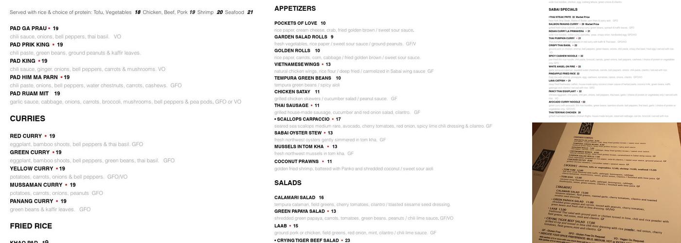 Sabai Cafe & Bar Menu