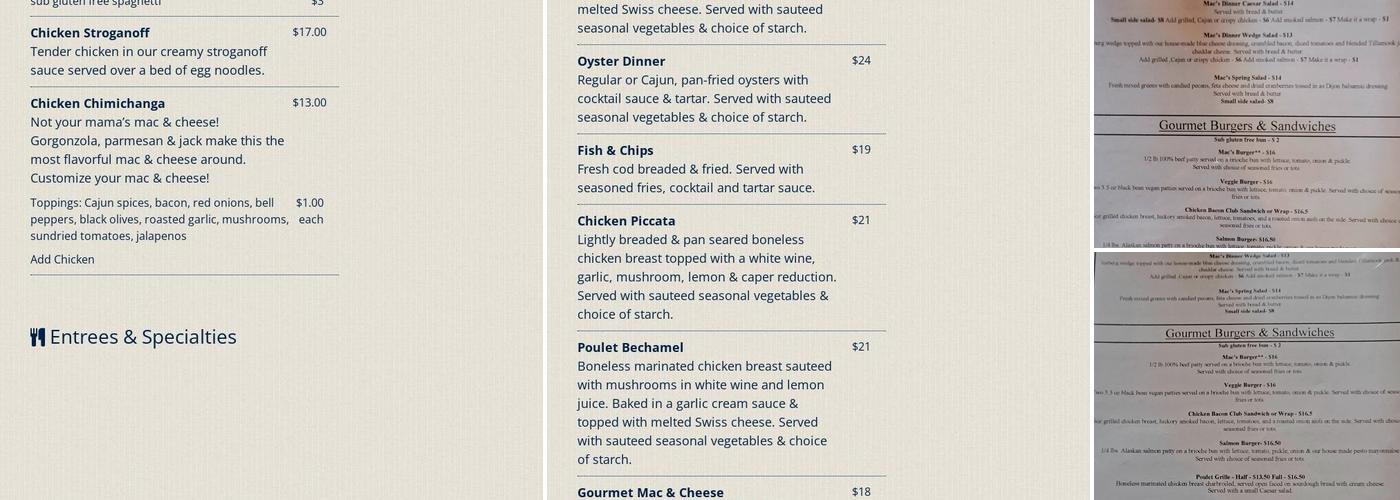 Mac's Restaurant & Nightclub Menu