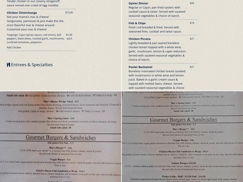 Mac's Restaurant & Nightclub Menu