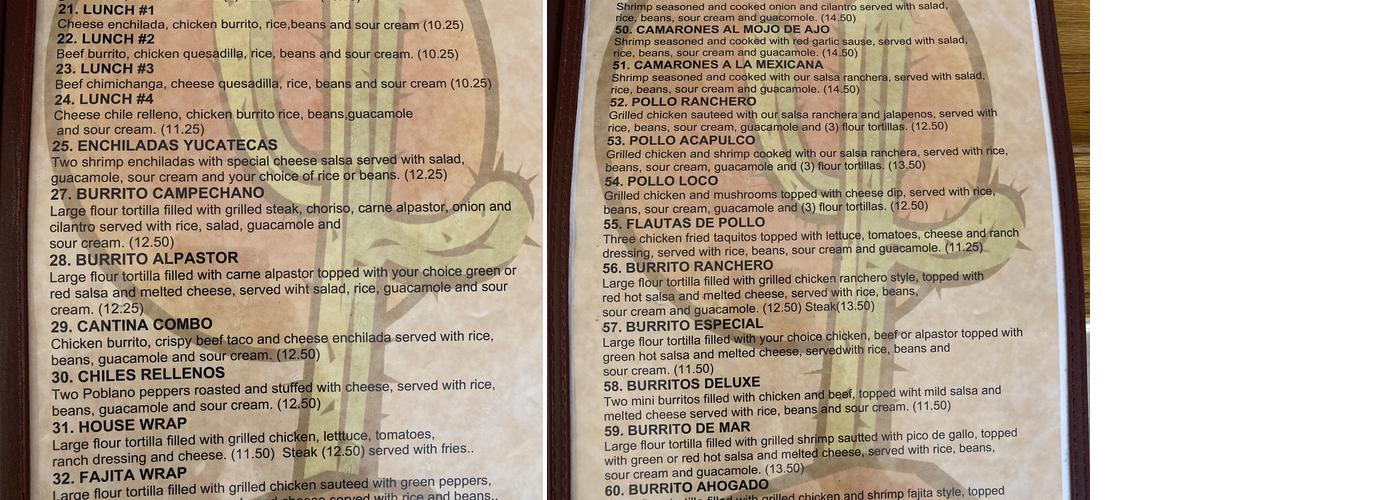 Cactus Cantina Menu