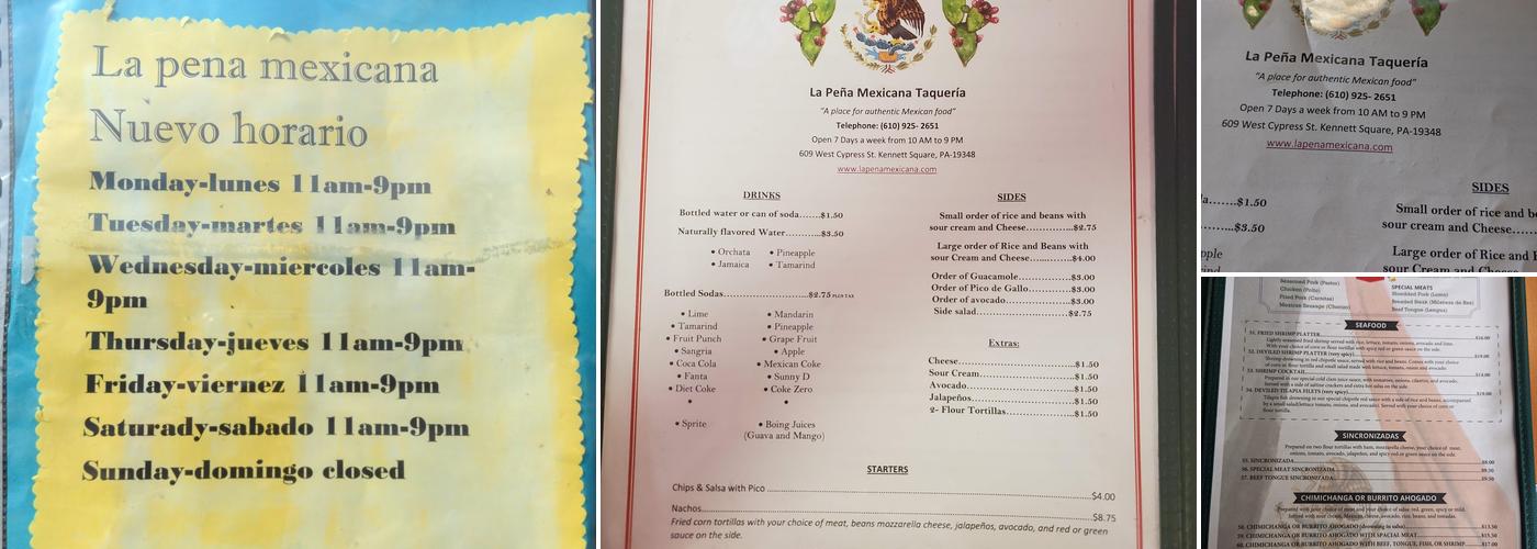 La Peña Mexicana Menu