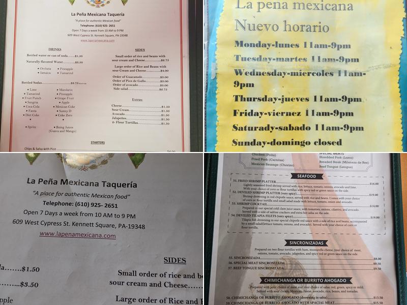 La Peña Mexicana Menu