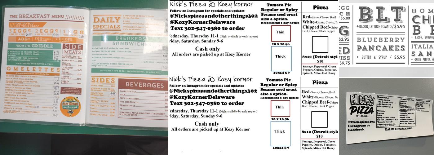 Kozy Korner Restaurant Menu