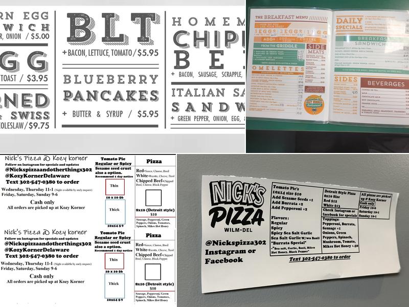 Kozy Korner Restaurant Menu