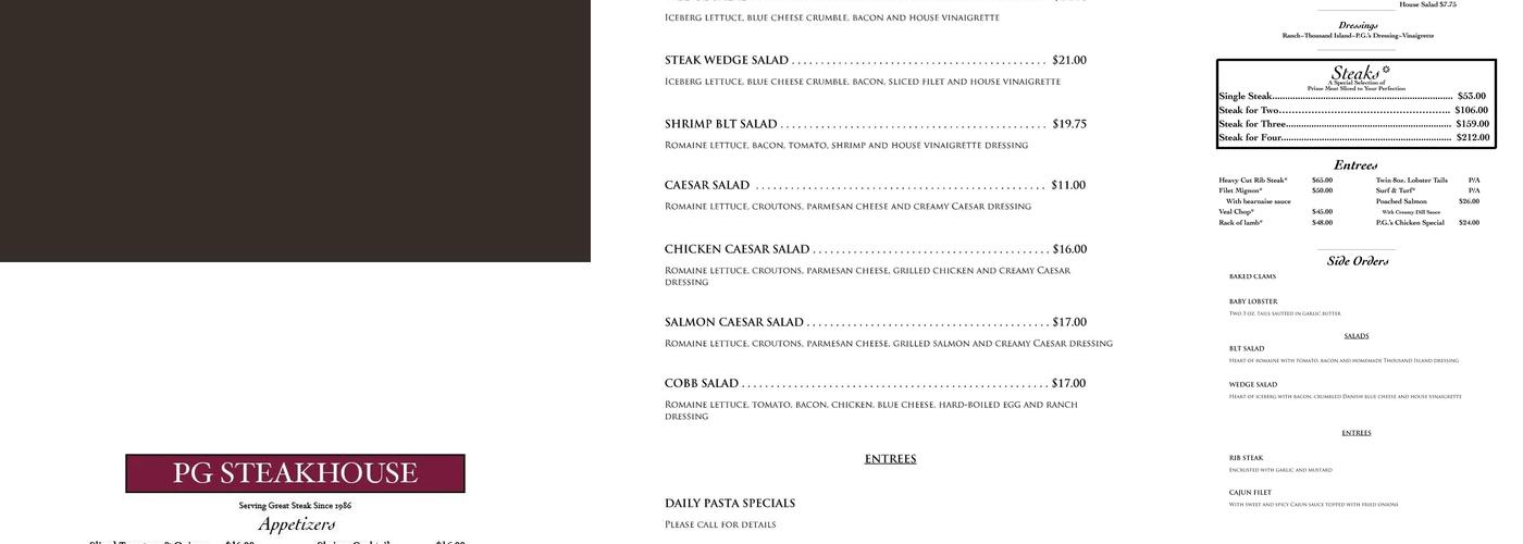 PG Steakhouse Menu