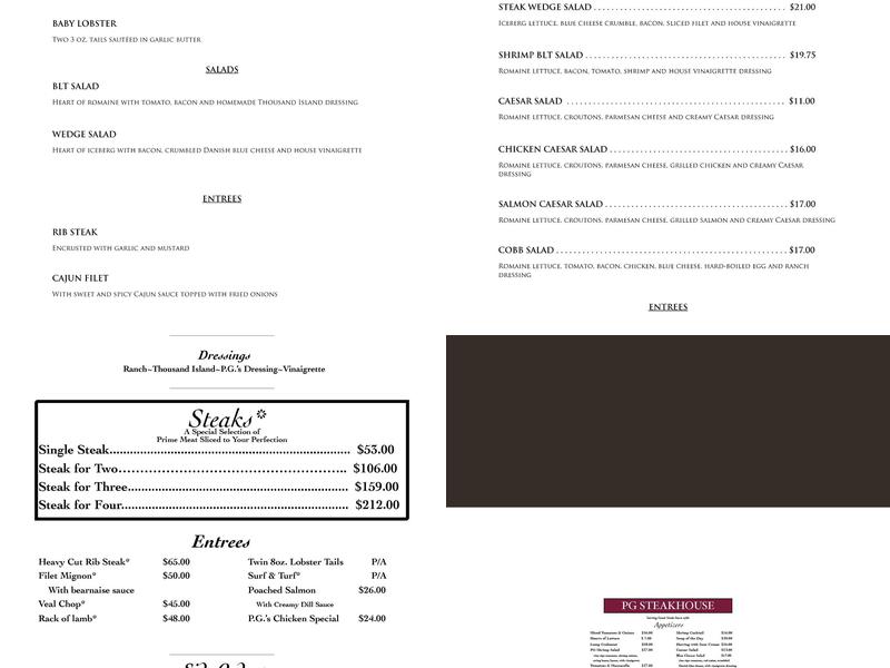 PG Steakhouse Menu