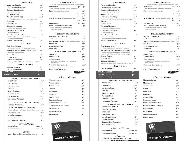 Walter's Steakhouse Menu
