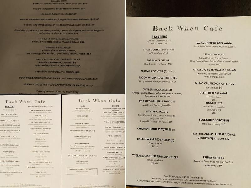 Back When Cafe Menu