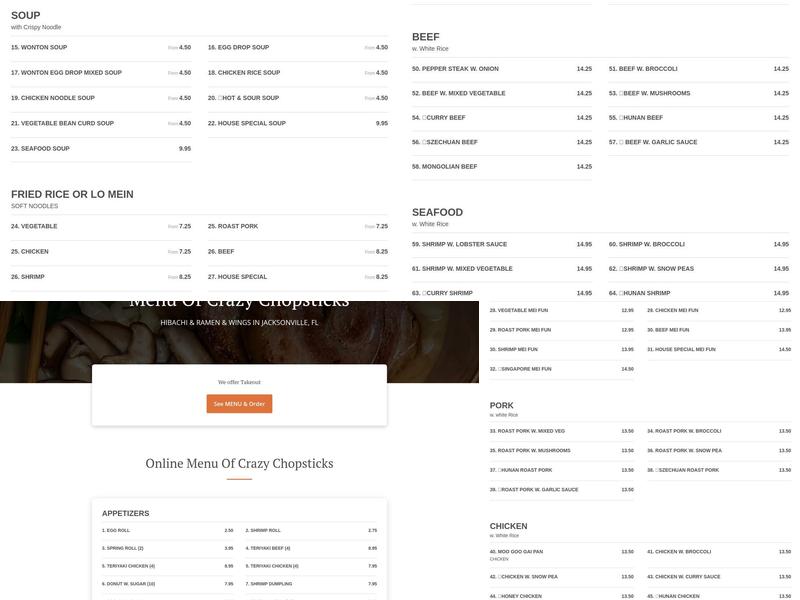 Crazy Chopsticks Menu