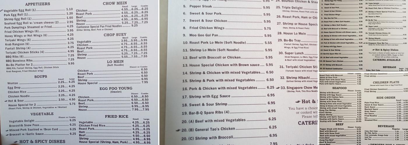 Chan's Chinese Restaurant Menu