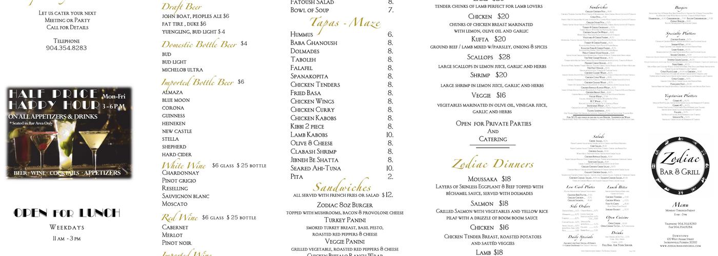 Zodiac Bar & Grill Menu