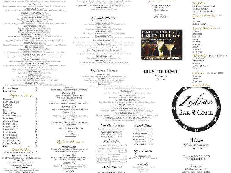 Zodiac Bar & Grill Menu
