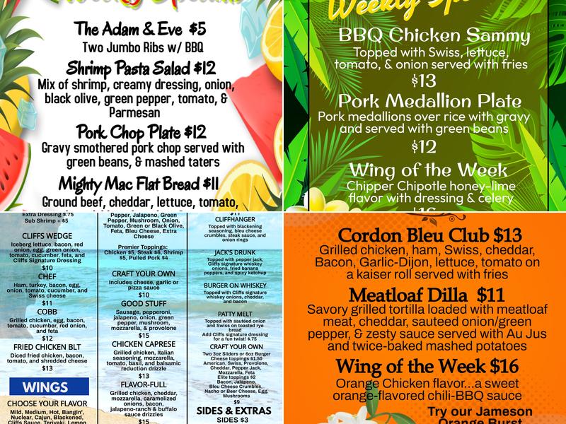 Cliffs Bar & Grill Menu