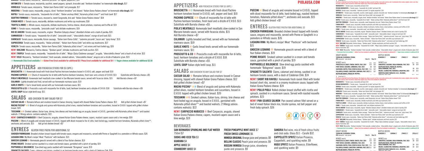 Piola Menu