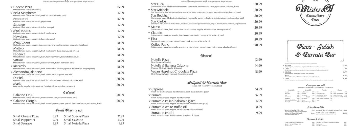 Mister O1 Extraordinary Pizza Menu