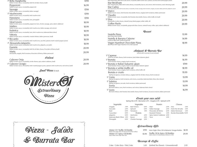 Mister O1 Extraordinary Pizza Menu