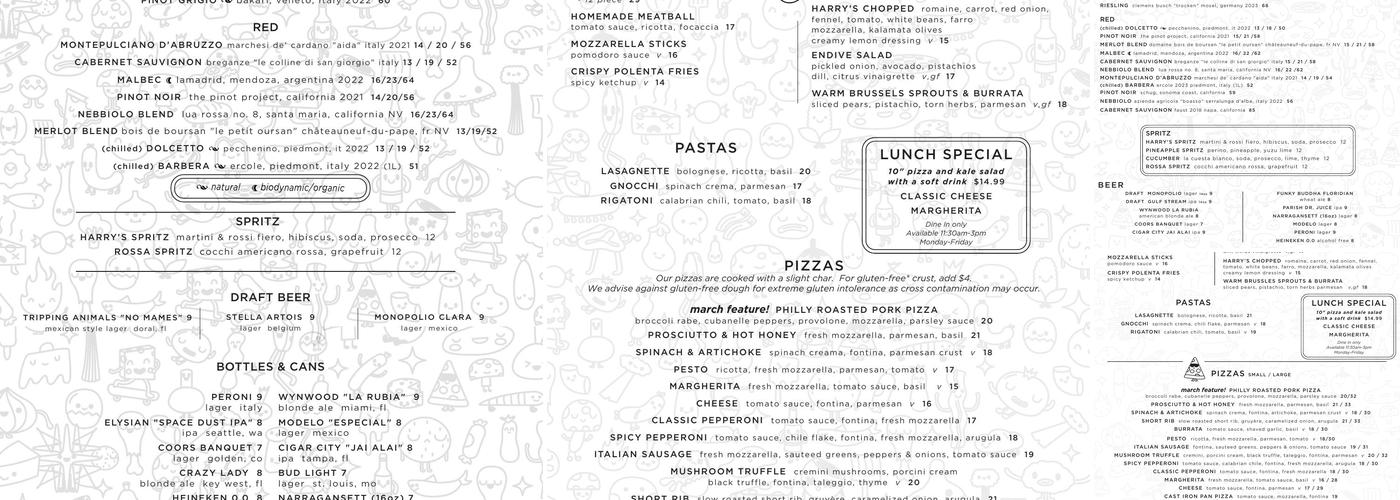 Harry's Pizzeria Menu