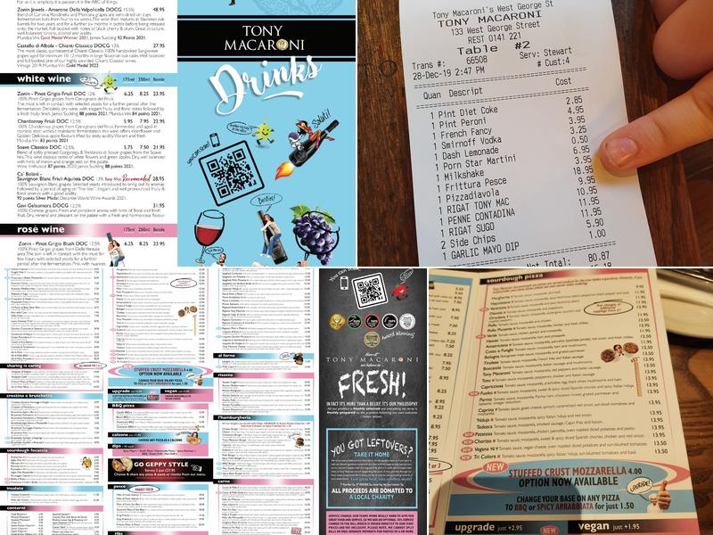 Tony Macaroni Glasgow City Centre Menu