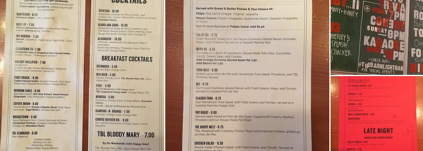 The Barn Light Bar Menu