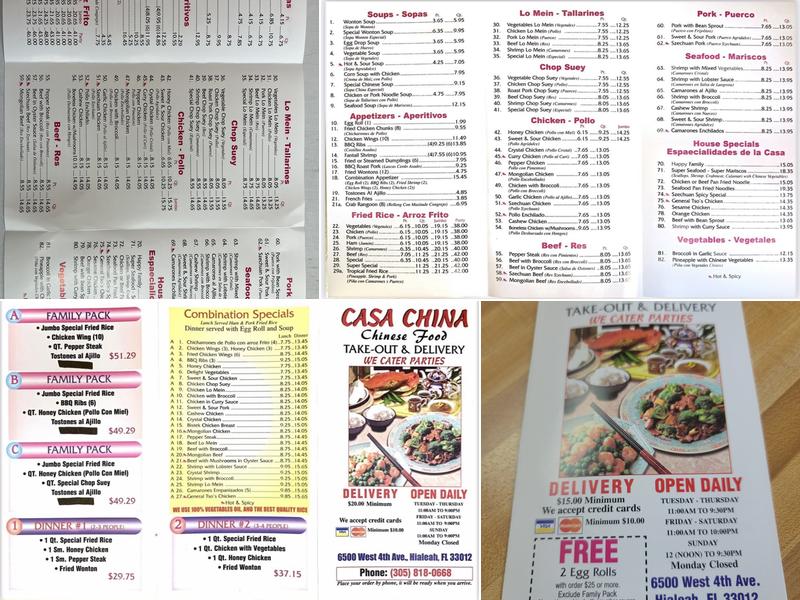 Casa China Restaurant Menu