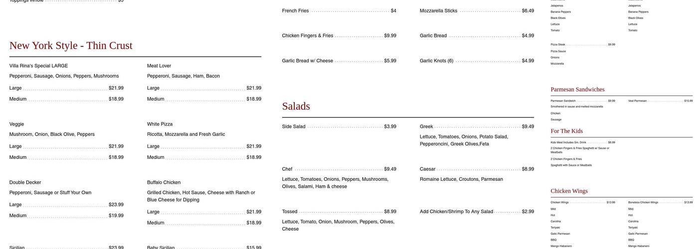 Villa Rina Pizza Menu