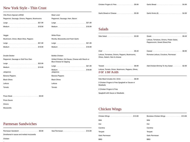 Villa Rina Pizza Menu