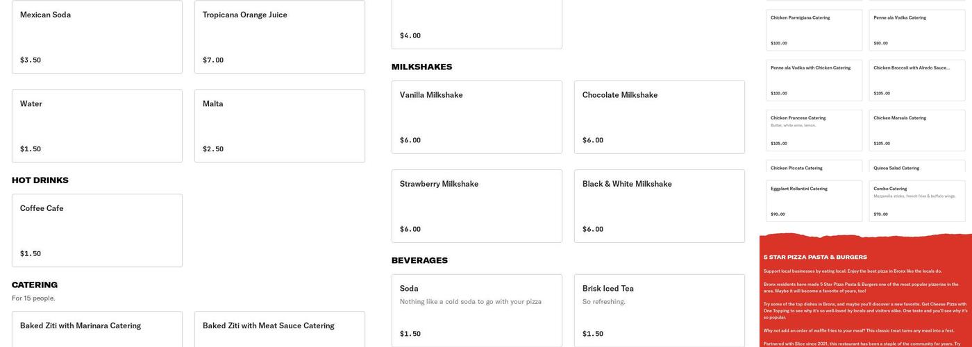 5 Star Pizza Pasta & Burgers Menu