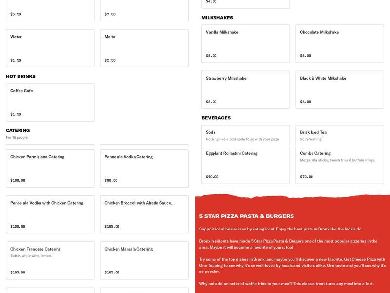 5 Star Pizza Pasta & Burgers Menu