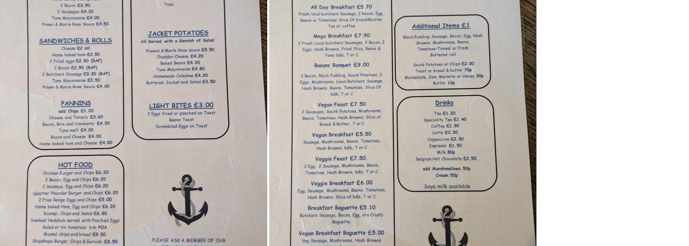 Ship Shape Cafe Bar Menu