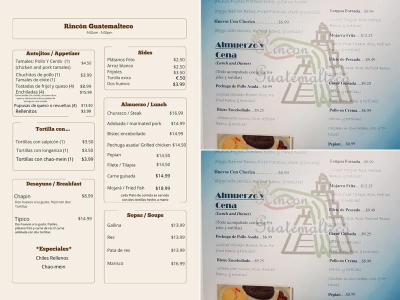 Rincon Guatemalteco Menu