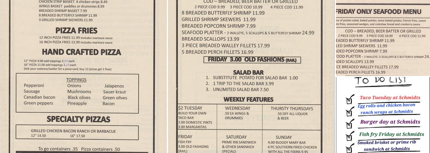 Schmidt's Corners Menu