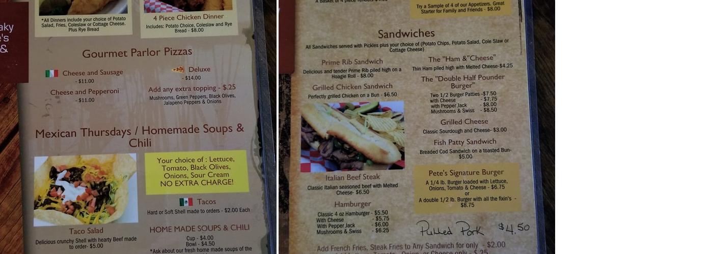 Sneaky Pete's Bar & Grill Menu