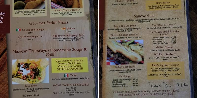 Sneaky Pete's Bar & Grill Menu
