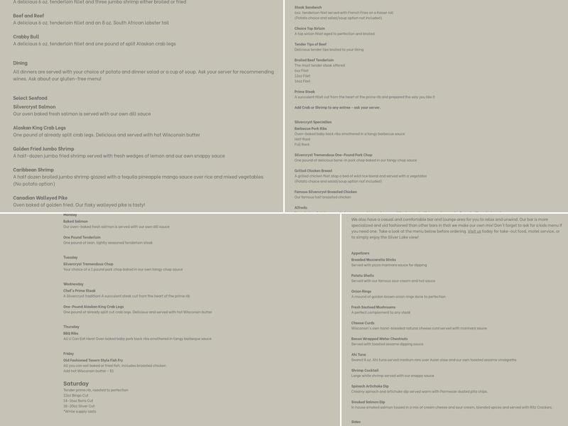 Silvercryst Supper Club Resort & Motel Menu