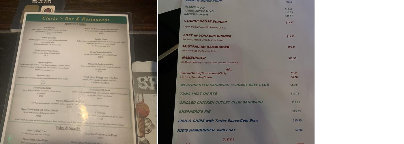 Clarke's Menu
