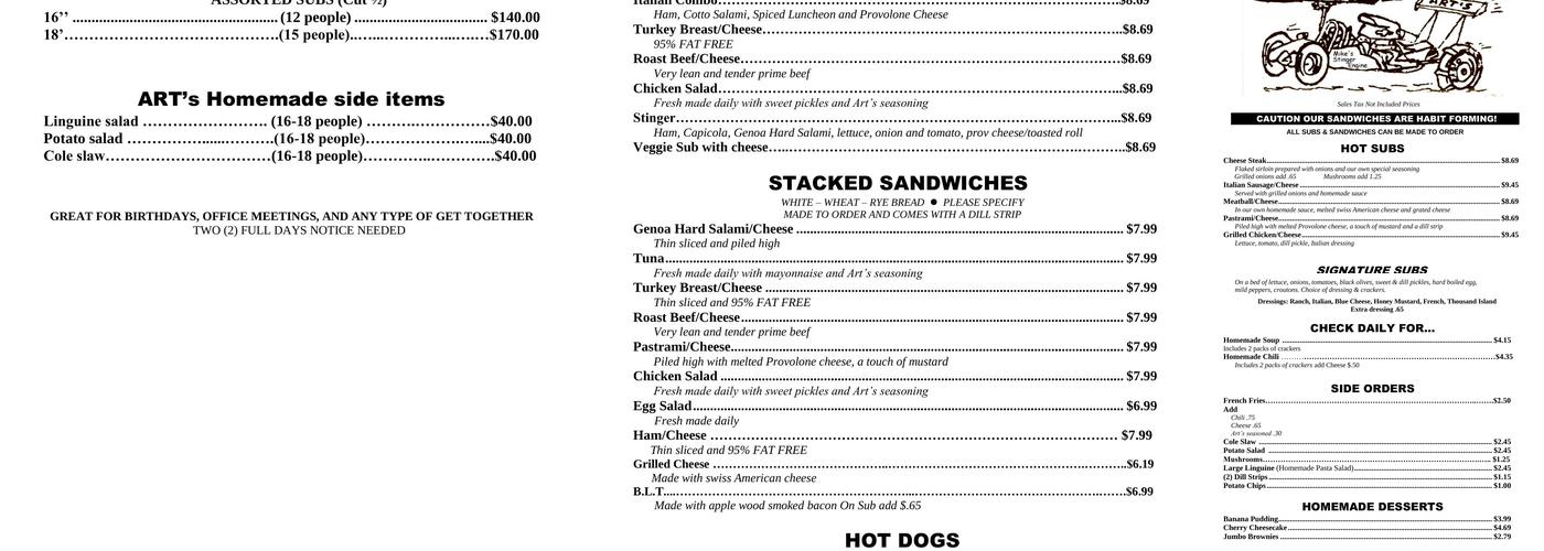 Art's Sandwich Shop Menu