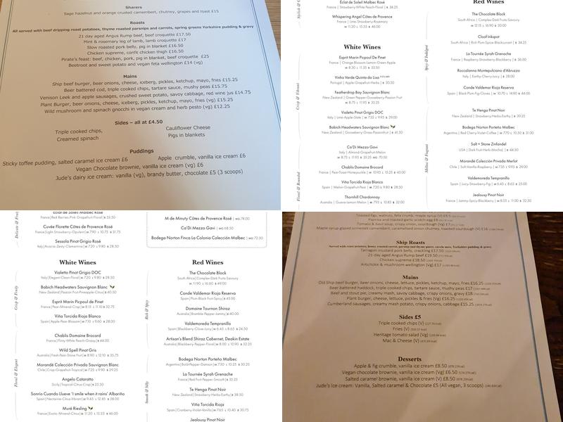 The Old Ship Richmond Menu