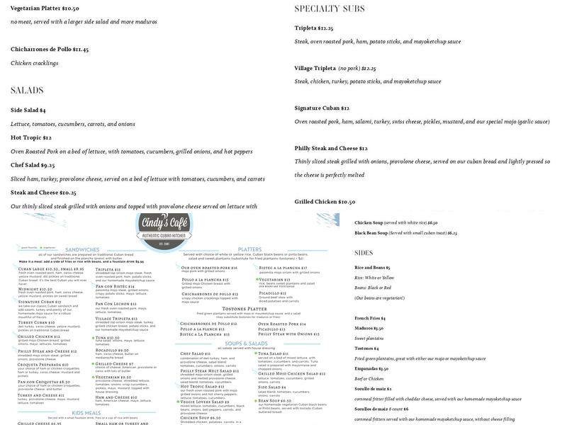 Cindy's Café Menu