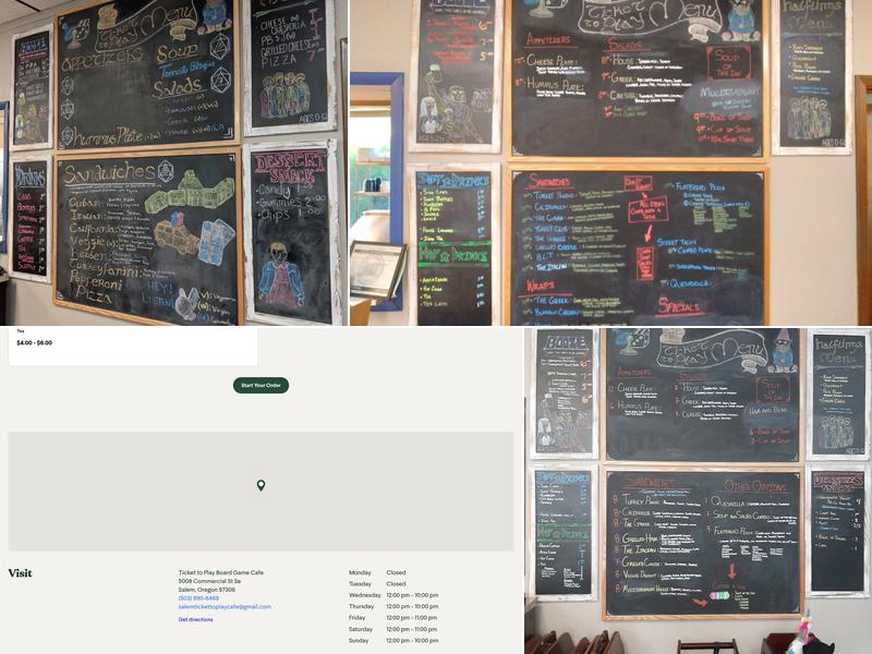 Ticket to Play Board Game Cafe Menu