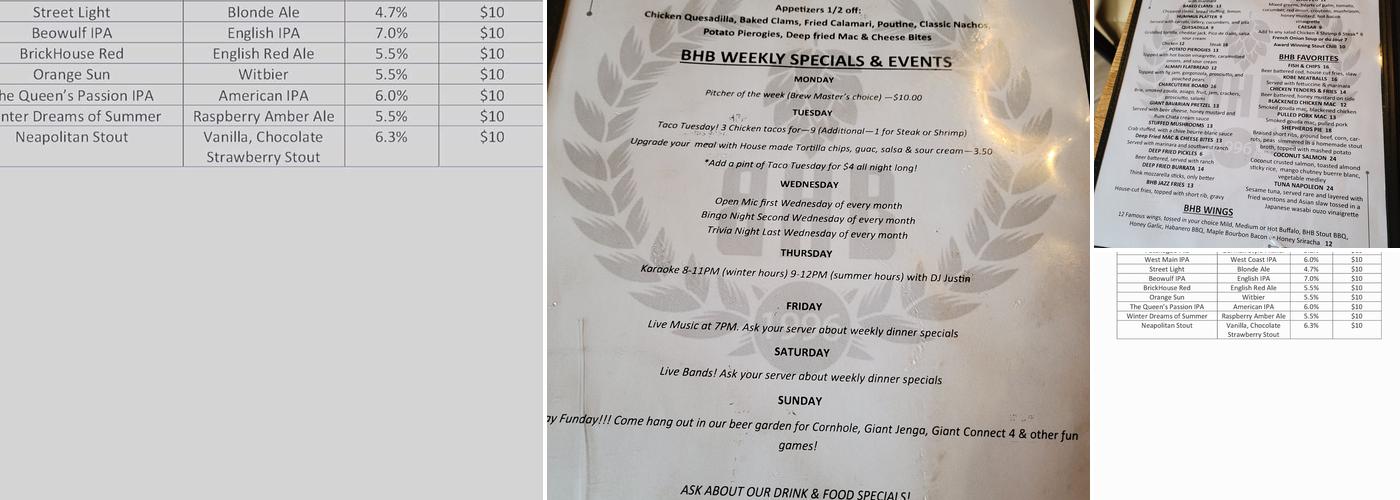 BrickHouse Brewery and Restaurant Menu