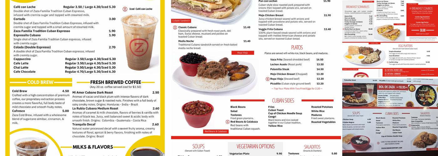 Zaza Cuban Comfort Food Menu