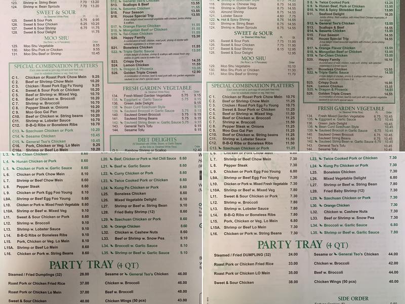 Hong Kong Chinese Restaurant Menu