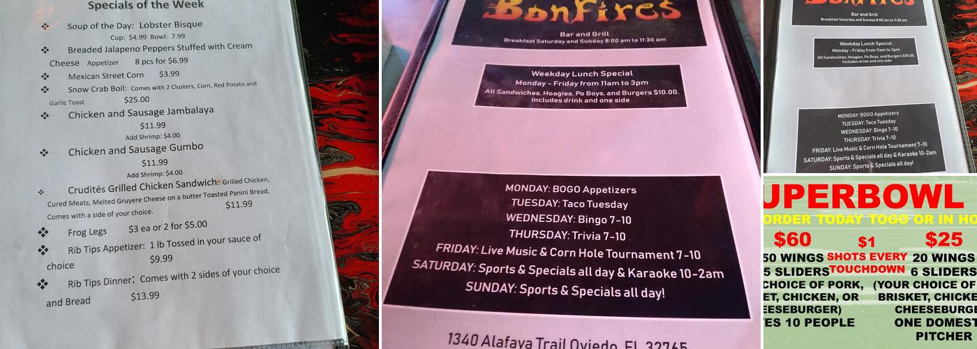 Bonfires Bar and Grill Menu