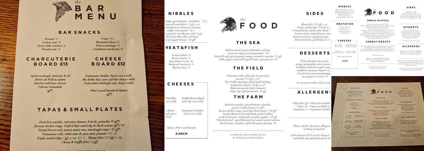 The Back Lane Tavern Menu
